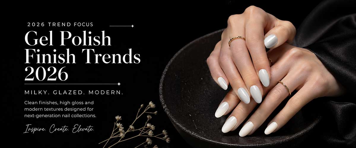 A high-end beauty banner featuring glossy milky white gel polish nails styled on a dark black background. The image highlights trending gel polish finishes for 2026, including milky, glazed and modern textures, designed for private label nail brands and OEM product development. | GoodNail